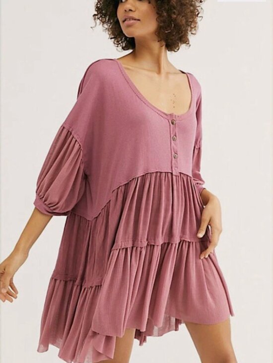 We The Free Tops - Free People | Tiered Scoop Neck Skye Tunic Dress in Deep Mauve Pink - NWT